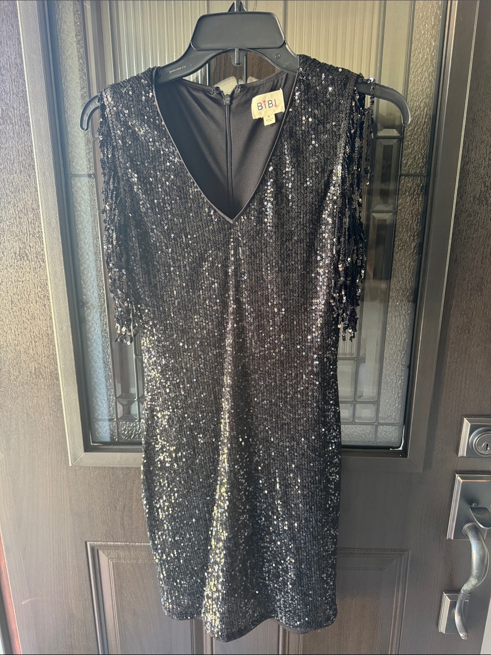 BiBi Black Sequin V-Neck Mini Dress with Fringe Sleeves